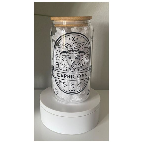 CAPRICORN Zodiac Astrology Tarot Style Sipper 16 oz Clear Glass - Picture 1 of 3